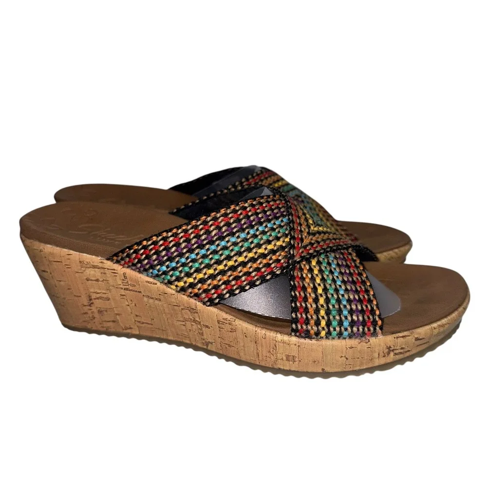 Skechers Luxe Foam Wedge Sandals Women‎ 8 Multi Color Excellent Woven Cork Slide